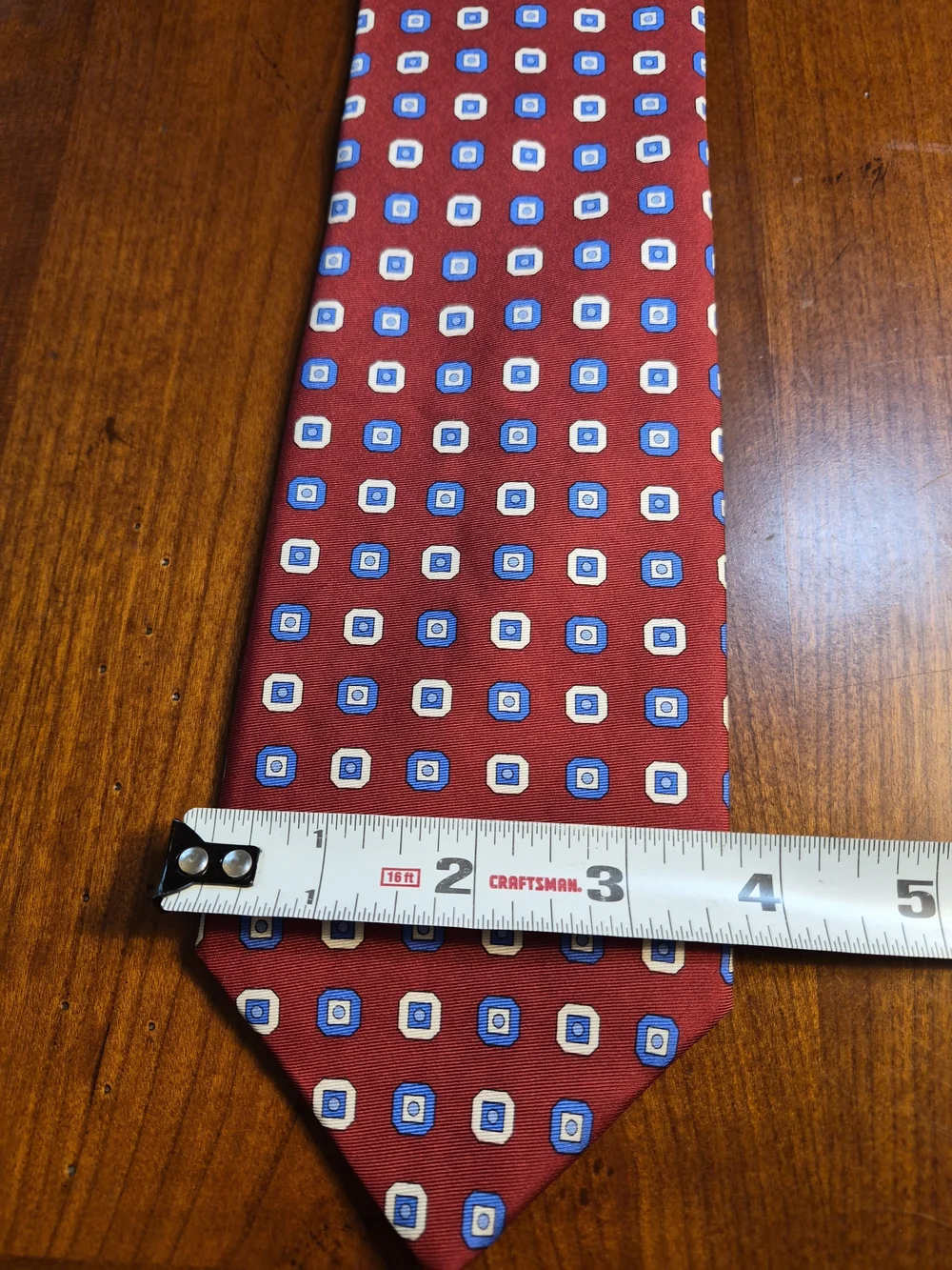 Brooks Brothers Red Silk Tie with Blue and White Geometric Squares
